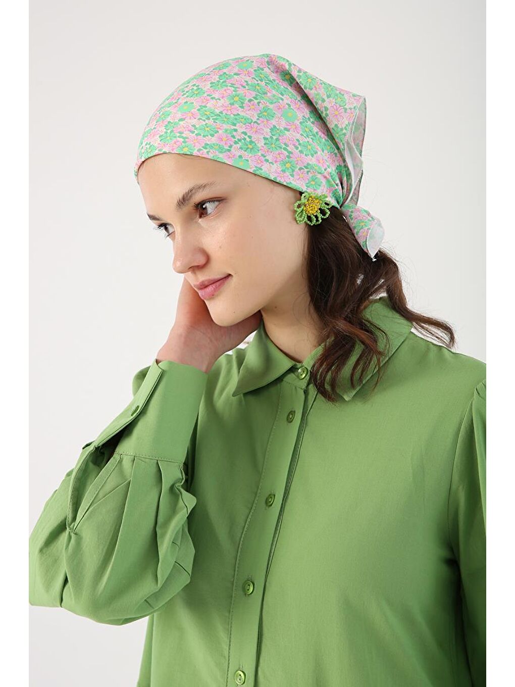 Açık Yeşil %100 Pamuk Büzgülü Gömlek Elbise-5