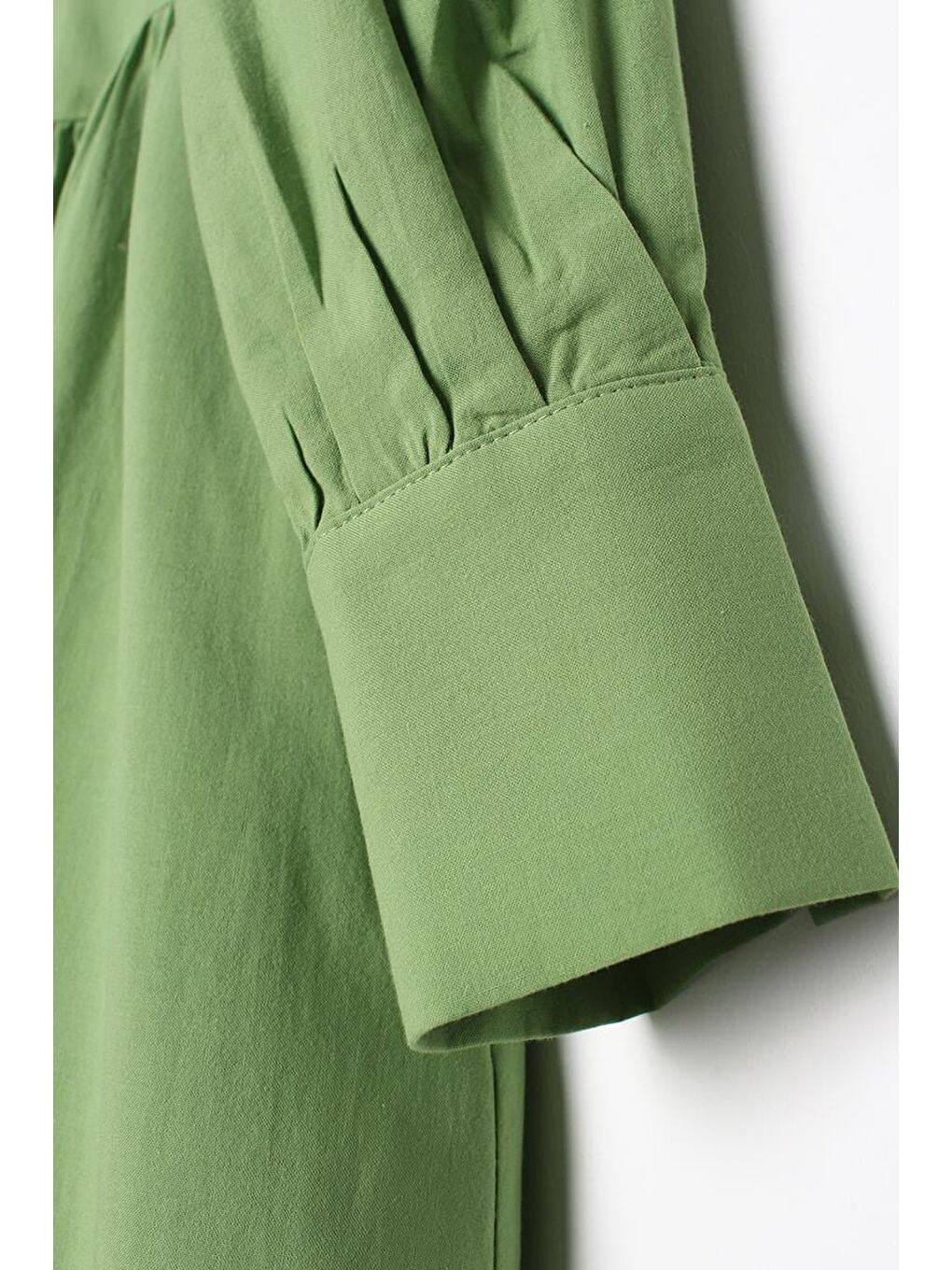 Açık Yeşil %100 Pamuk Büzgülü Gömlek Elbise-6