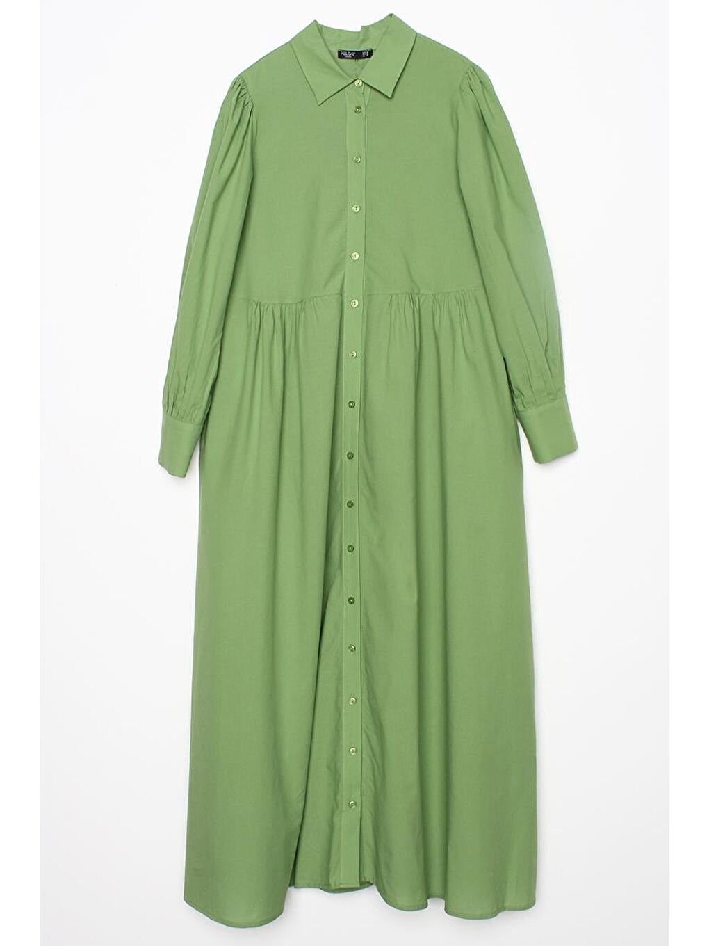 Açık Yeşil %100 Pamuk Büzgülü Gömlek Elbise-7