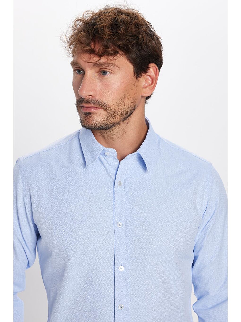 Modern Slim Fit Uzun Kollu Pamuklu Kolay Ütü Armürlü Erkek Mavi Gömlek