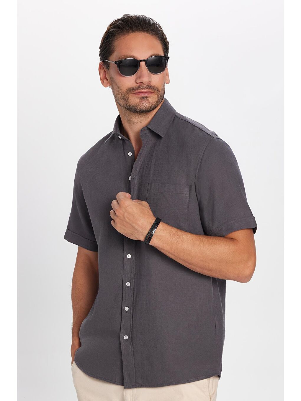 Erkek Regular Fit Klasik Kesim %100 Pamuk Keten Doku Cepli Gri Gömlek