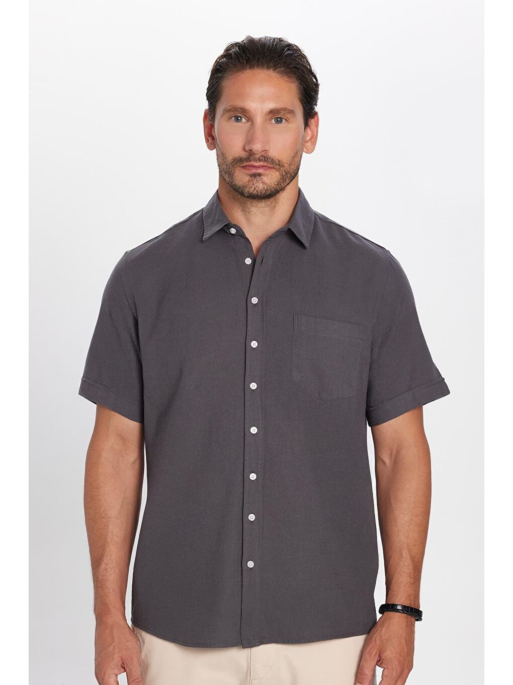 Erkek Regular Fit Klasik Kesim %100 Pamuk Keten Doku Cepli Gri Gömlek-2