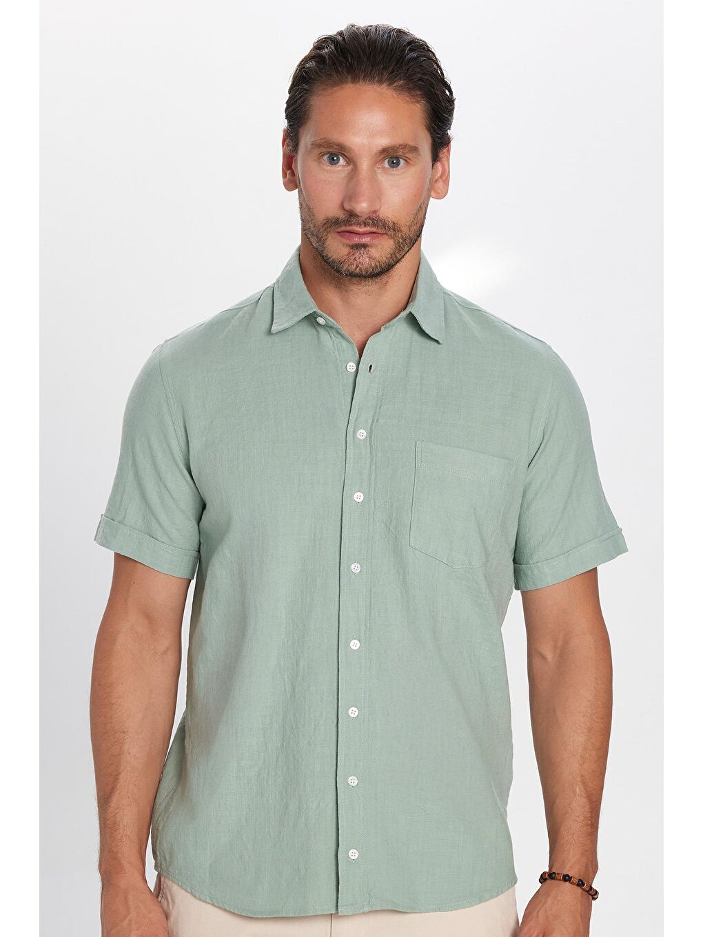 Erkek Regular Fit Klasik Kesim %100 Pamuk Keten Doku Cepli Yeşil Gömlek-2