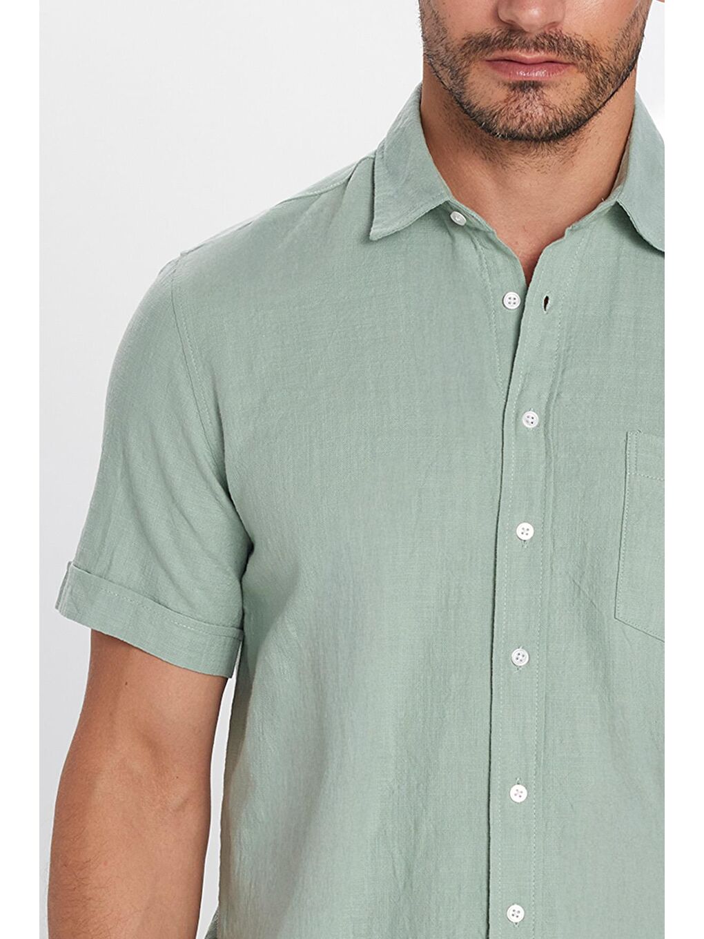 Erkek Regular Fit Klasik Kesim %100 Pamuk Keten Doku Cepli Yeşil Gömlek-3
