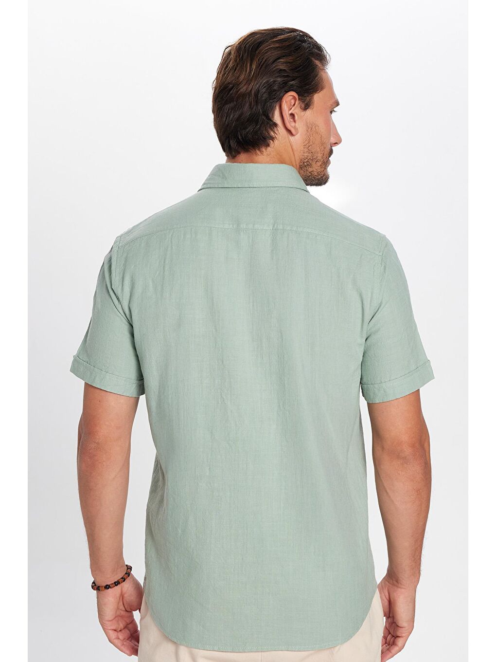 Erkek Regular Fit Klasik Kesim %100 Pamuk Keten Doku Cepli Yeşil Gömlek-4