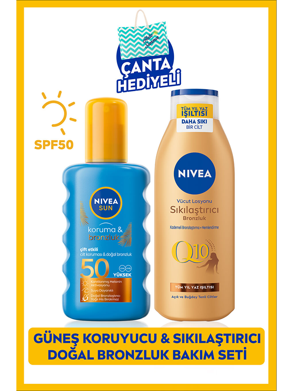 NIVEA SUN Koruma Bronzluk Güneş Spreyi 200ml ve Q10 Sıkılaştırıcı Bronzlaştırıcı Losyon 200ml,Çanta