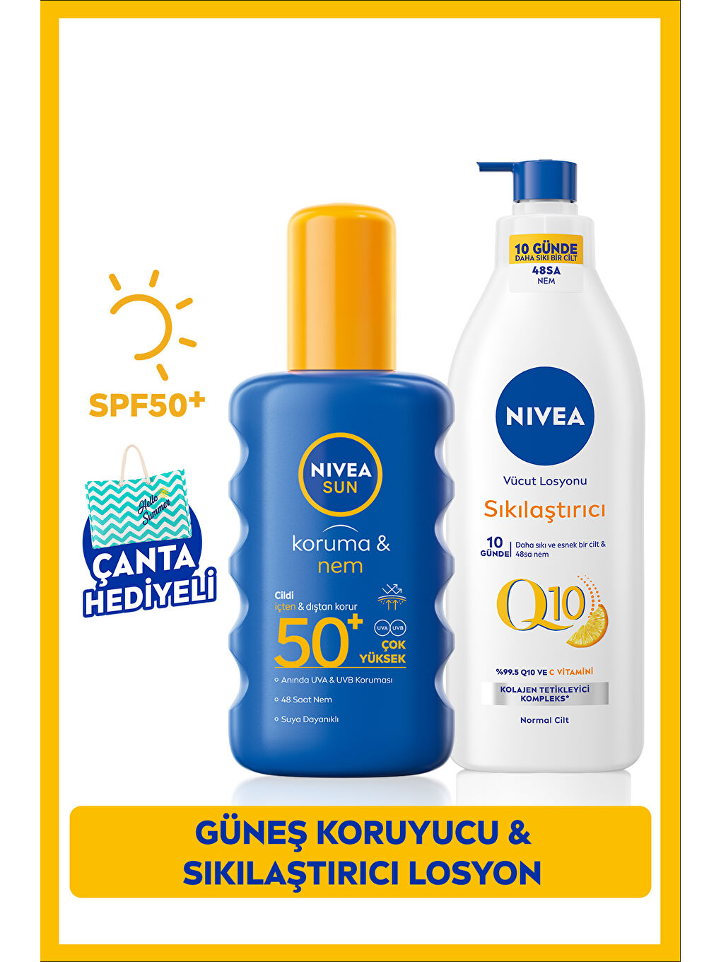 NIVEA SUN Güneş Koruyucu Vücut Spreyi 200ml SPF50 ve Q10 Sıkılaştırıcı Vücut Losyonu 400ml, Çanta Hediye