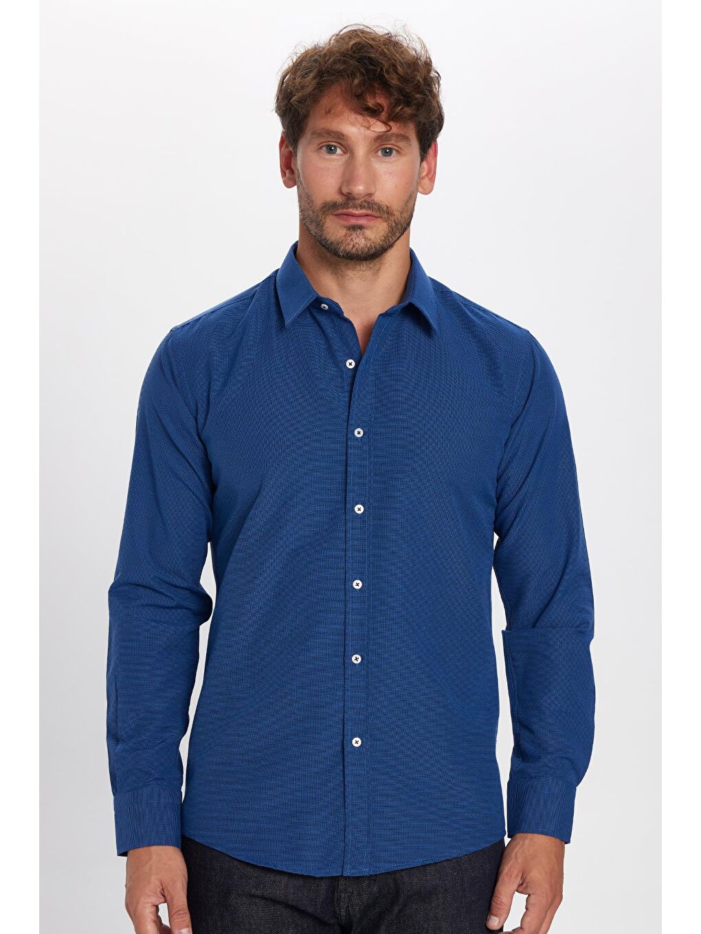 Modern Slim Fit Uzun Kollu Pamuklu Kolay Ütü Armürlü Erkek Sax Mavi Gömlek-2