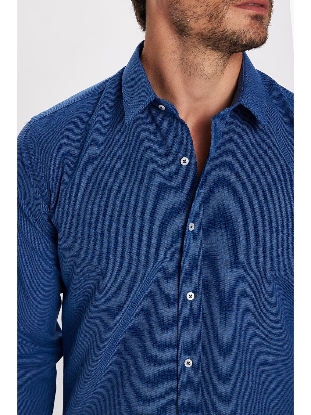 Modern Slim Fit Uzun Kollu Pamuklu Kolay Ütü Armürlü Erkek Sax Mavi Gömlek-3