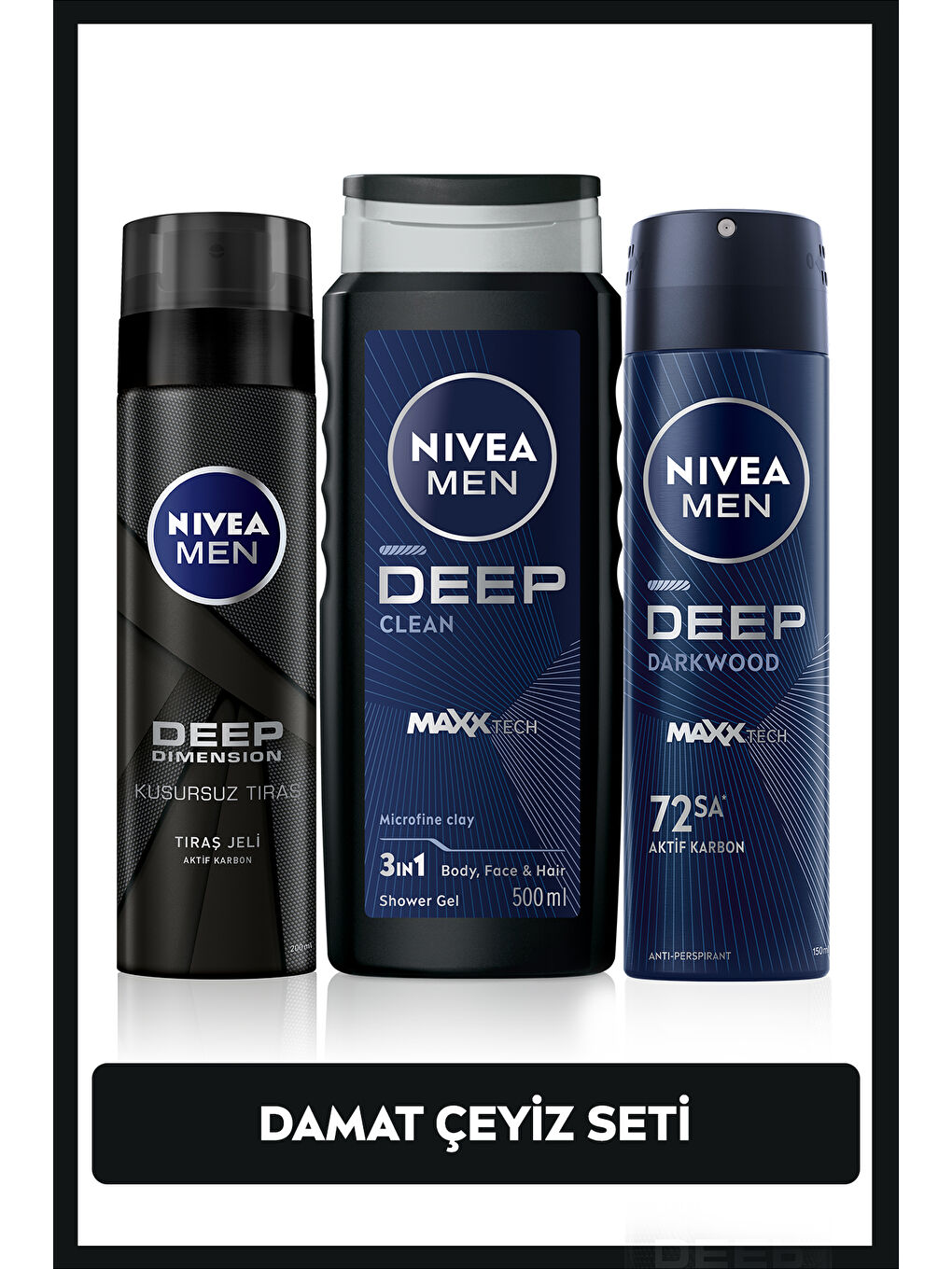 NIVEA MEN Erkek Damat Çeyiz Bohça Seti, Banyo ve Duş Jeli 500ml, Tıraş Jeli 200ml, Sprey Deodorant 150ml