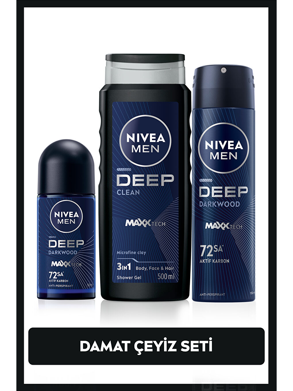 NIVEA MEN Erkek Damat Çeyiz Bohça Seti Deep Dimension, Duş Jeli 500ml, Sprey Deodorant 150ml, Roll-on 50ml