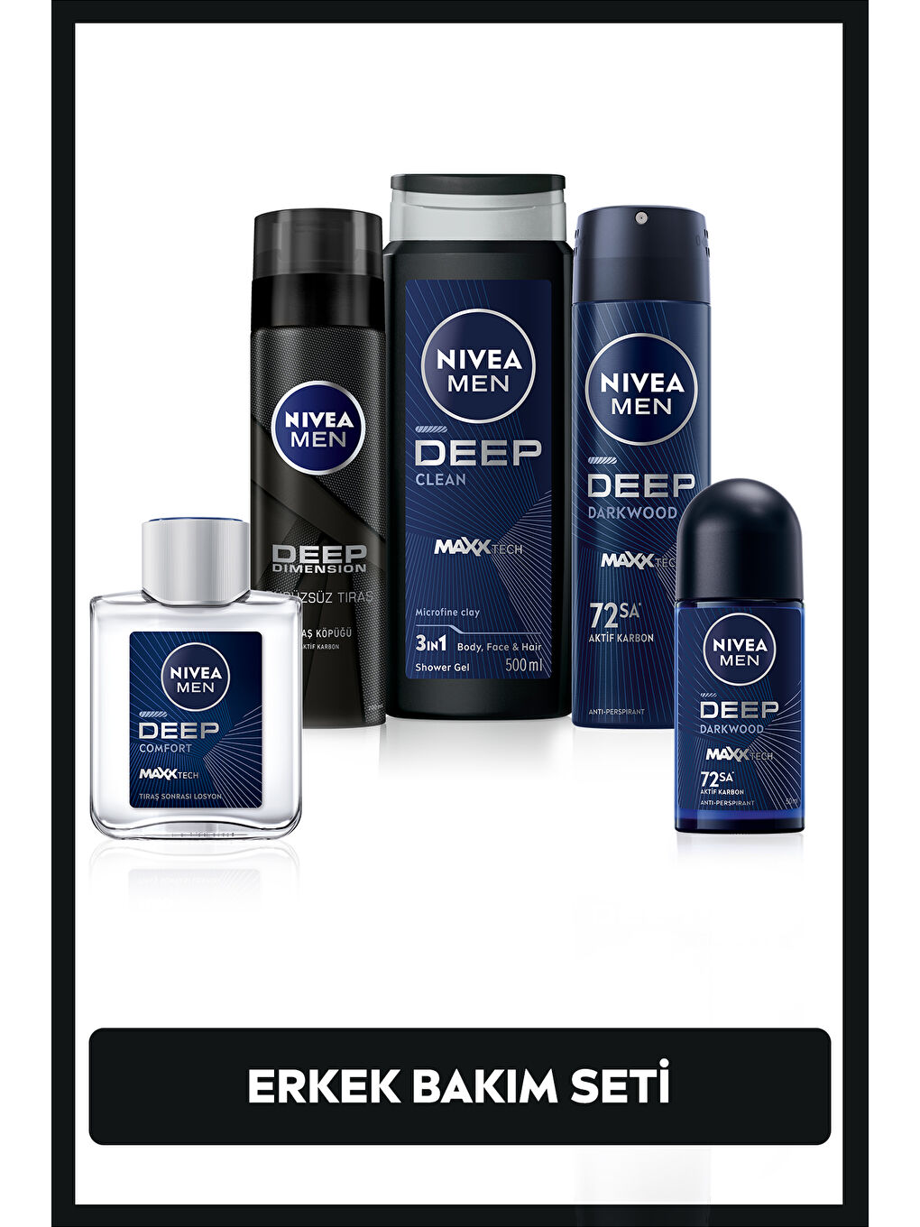 NIVEA MEN Erkek Damat Bohça Seti, Duş Jeli 500ml, Deodorant 150ml, Roll-on 50ml, Tıraş Köpüğü, Losyon100ml