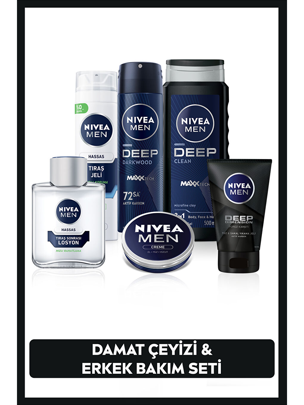 NIVEA MEN Erkek Damat Seti, Duş Jeli500ml, Deodorant, Yüz Yıkama Jeli100ml, Tıraş Jeli, Losyon100ml,Creme