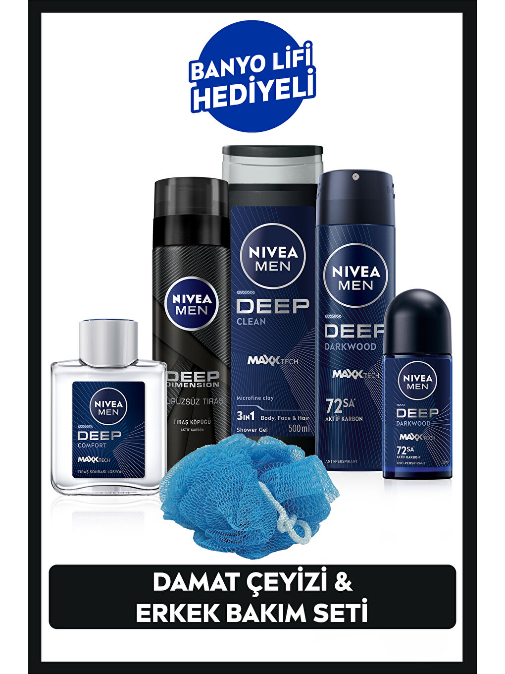 NIVEA MEN Erkek Damat Seti, Duş Jeli 500ml, Deodorant 150ml, Roll-on 50ml, Tıraş Köpüğü, Losyon100ml, Lif