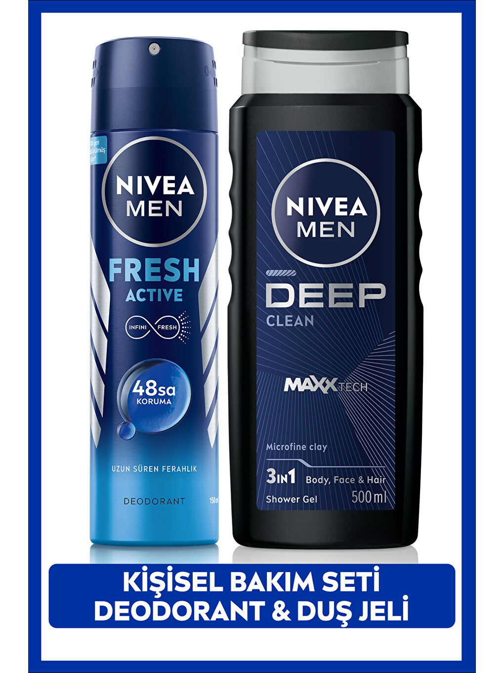 NIVEA MEN Erkek Deep Dimension Duş Jeli 500ml ve Sprey Deodorant Fresh Active150ml, Damat Bohça Çeyiz Seti