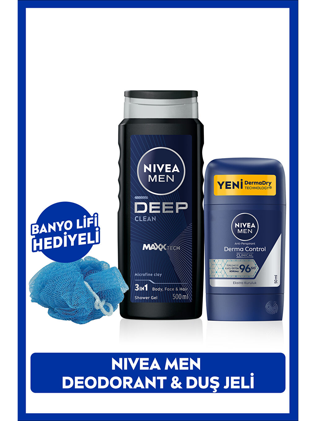 NIVEA MEN Erkek Duş Jeli Deep Dimension 500ml ve Stick Deodorant Derma Control Clinical 50ml,Sünger Hediye