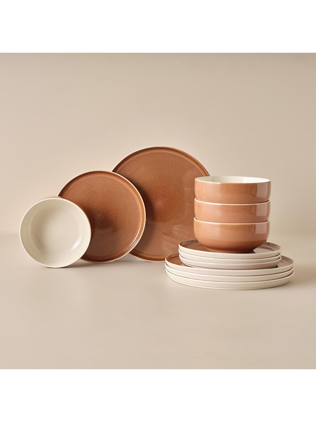 Kahverengi Glaze Stoneware 12 Parça 4 Kişilik Yemek Takımı Kiremit