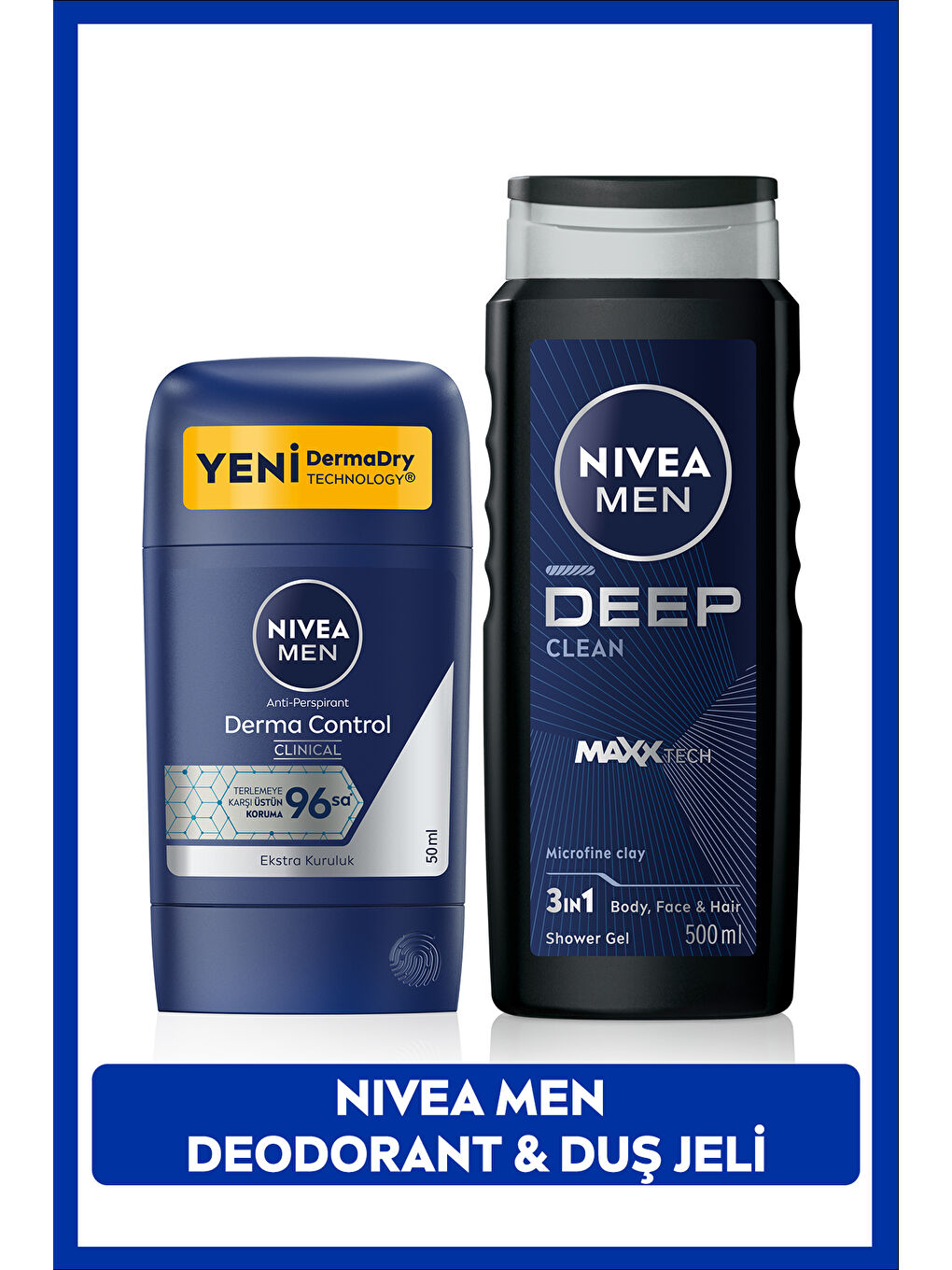 NIVEA MEN Erkek Banyo ve Duş Jeli Deep Dimension 500ml ve Stick Deodorant Derma Control Clinical 50ml