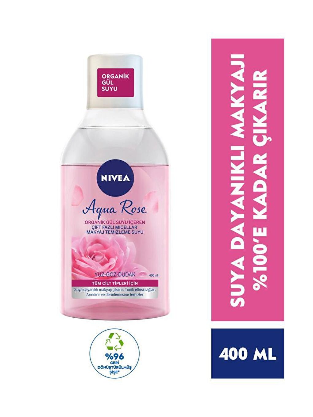 NIVEA Aqua Rose Micellar Çift Fazlı Makyaj Temizleme Suyu 400ml ve Nemlendirici Krem 50ml, Sünger Hediyeli