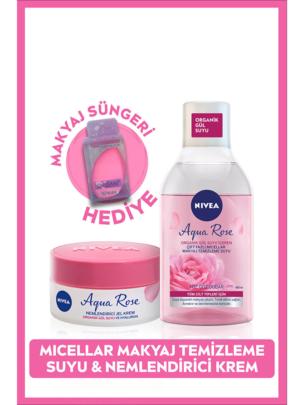 NIVEA Aqua Rose Micellar Çift Fazlı Makyaj Temizleme Suyu 400ml ve Nemlendirici Krem 50ml, Sünger Hediyeli - 7