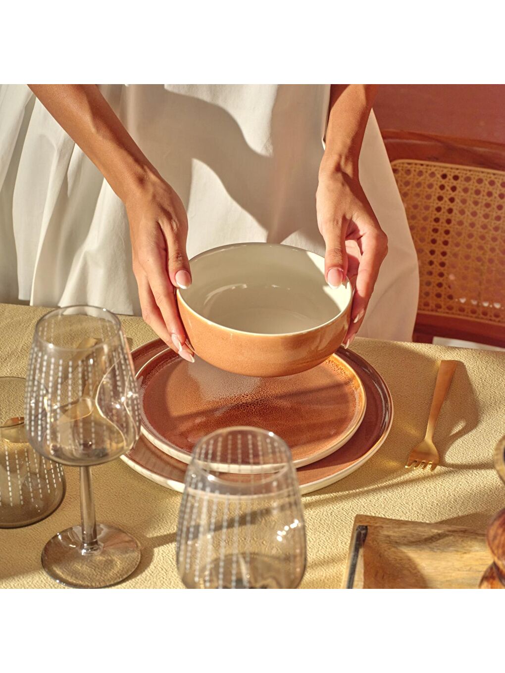 Kahverengi Glaze Stoneware 12 Parça 4 Kişilik Yemek Takımı Kiremit-2