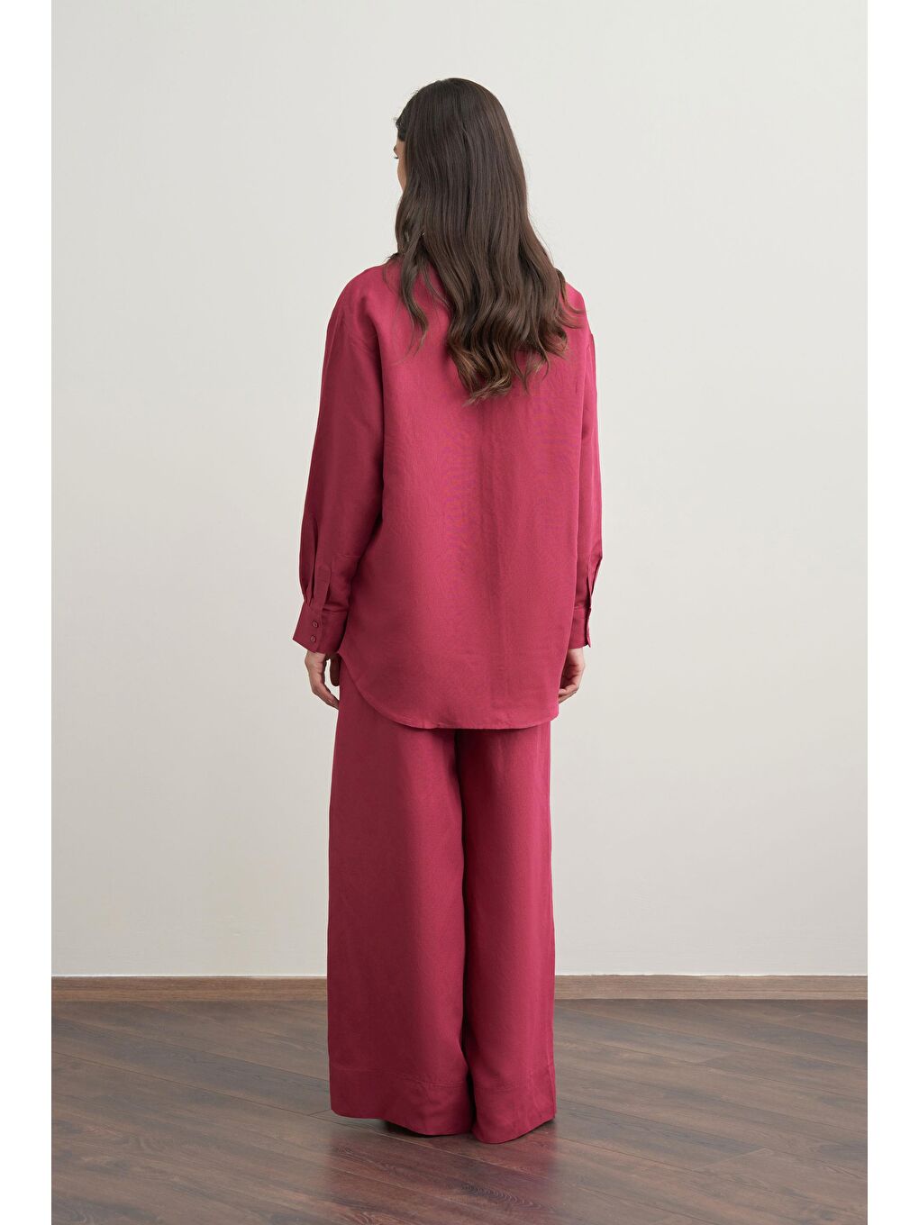 Fuşya Vişne-Nakış Detaylı Keten Pantolonlu Takım-2