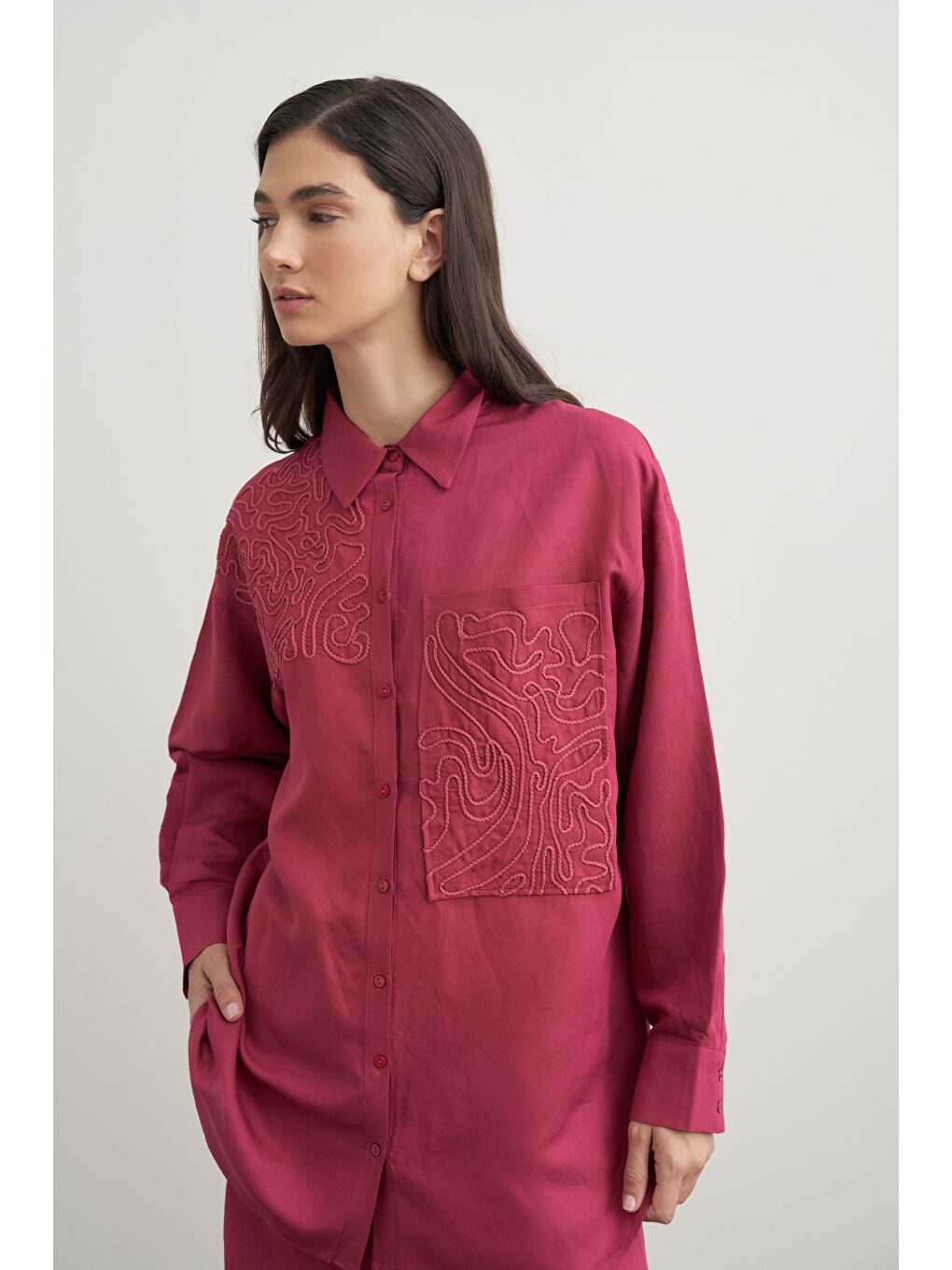 Fuşya Vişne-Nakış Detaylı Keten Pantolonlu Takım-3