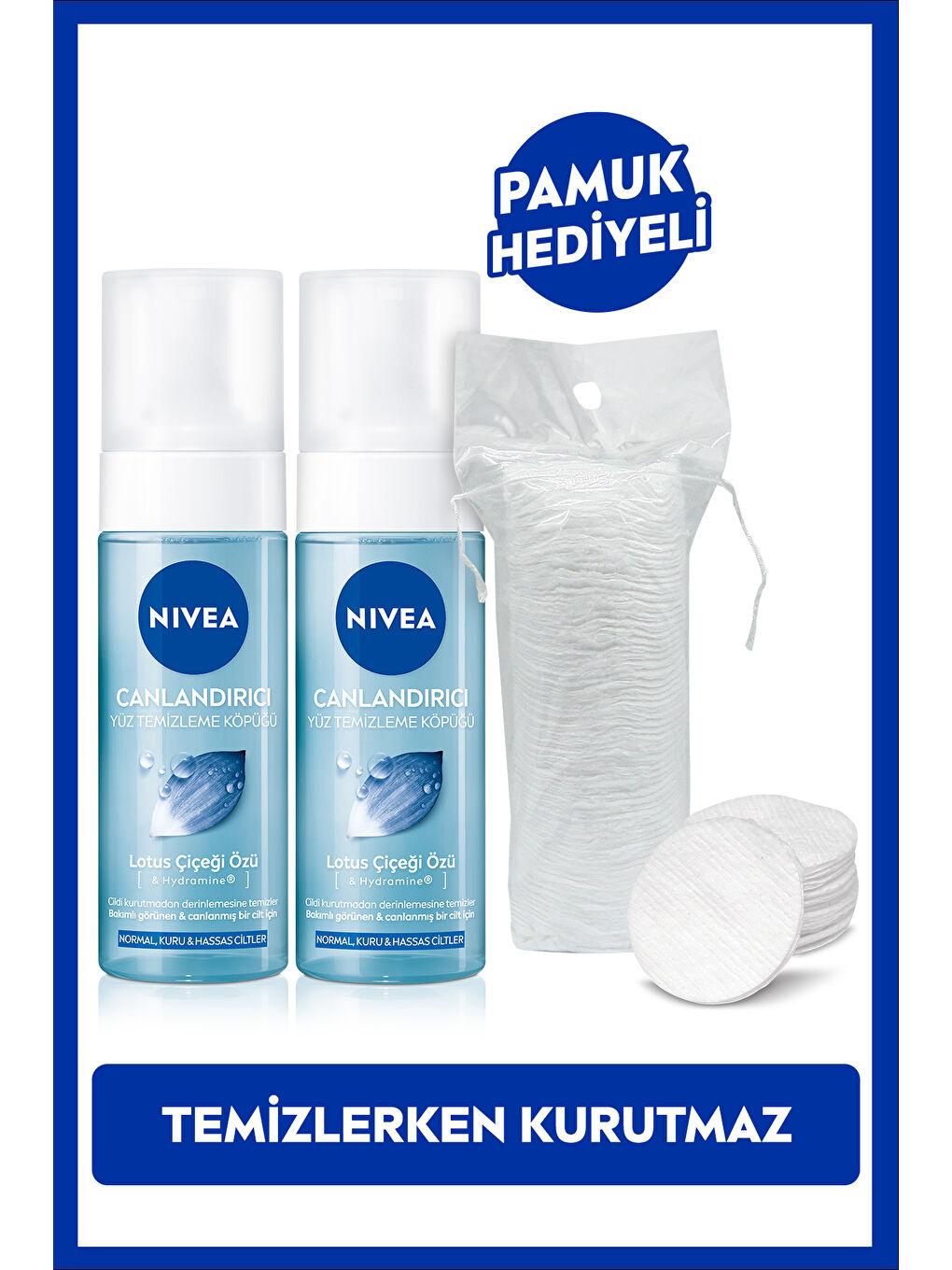 NIVEA Canlandırıcı Yüz Temizleme Köpüğü 150ml, Lotus Çiçeği Özü, Pamuk Hediyelİ, X2 Adet