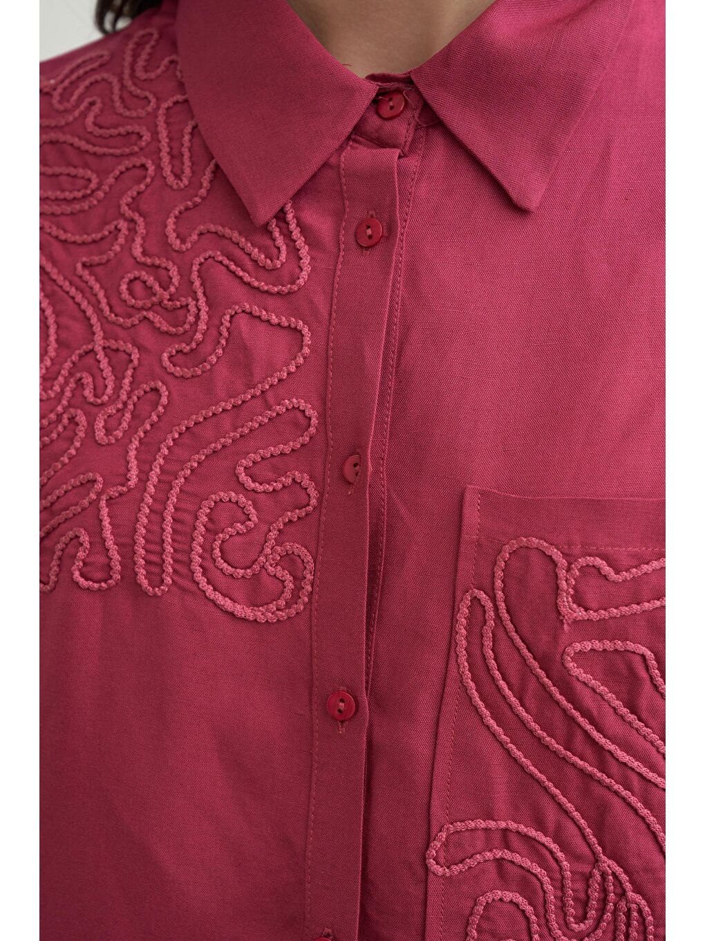 Fuşya Vişne-Nakış Detaylı Keten Pantolonlu Takım-5