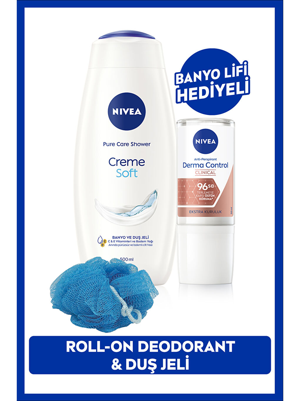 NIVEA Creme Soft Duş Jeli 500ml ve Kadın Roll-on Deodorant Derma Control Clinical 50ml, Banyo Lifi Hediye