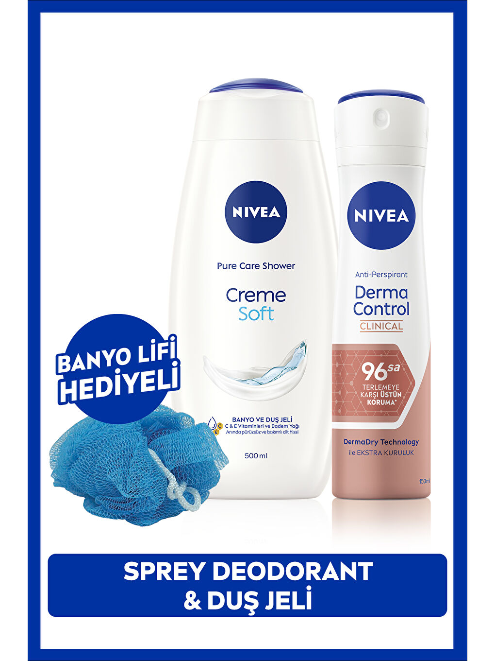 NIVEA Creme Soft Duş Jeli 500ml ve Kadın Sprey Deodorant Derma Control Clinical 50ml, Banyo Lifi Hediye