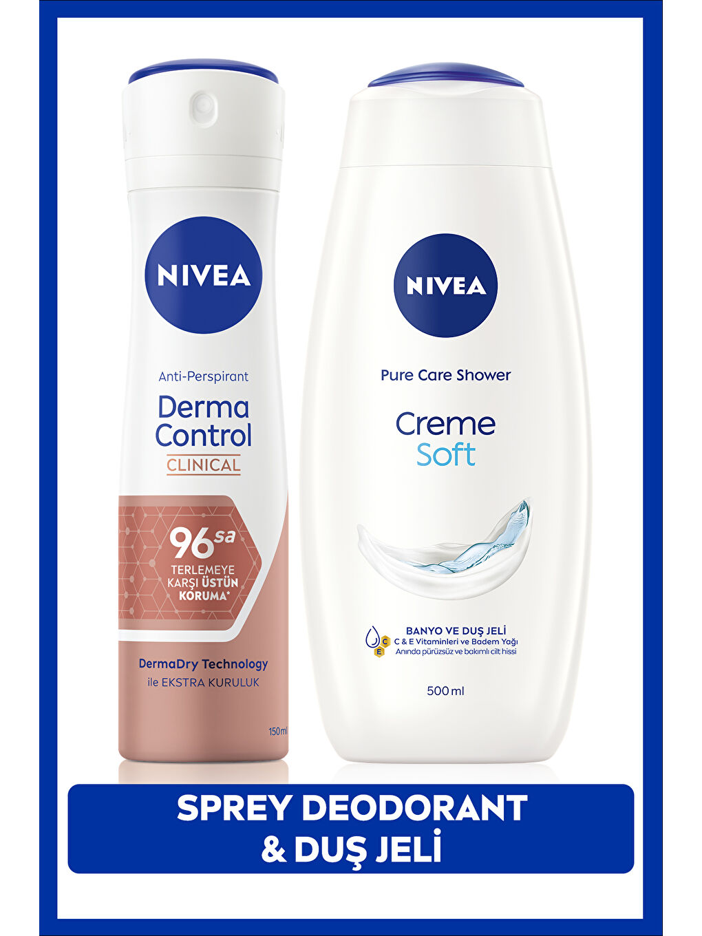 NIVEA Creme Soft Duş Jeli 500ml ve Kadın Sprey Deodorant Derma Control Clinical 50ml, 96Saat Ter Koruması