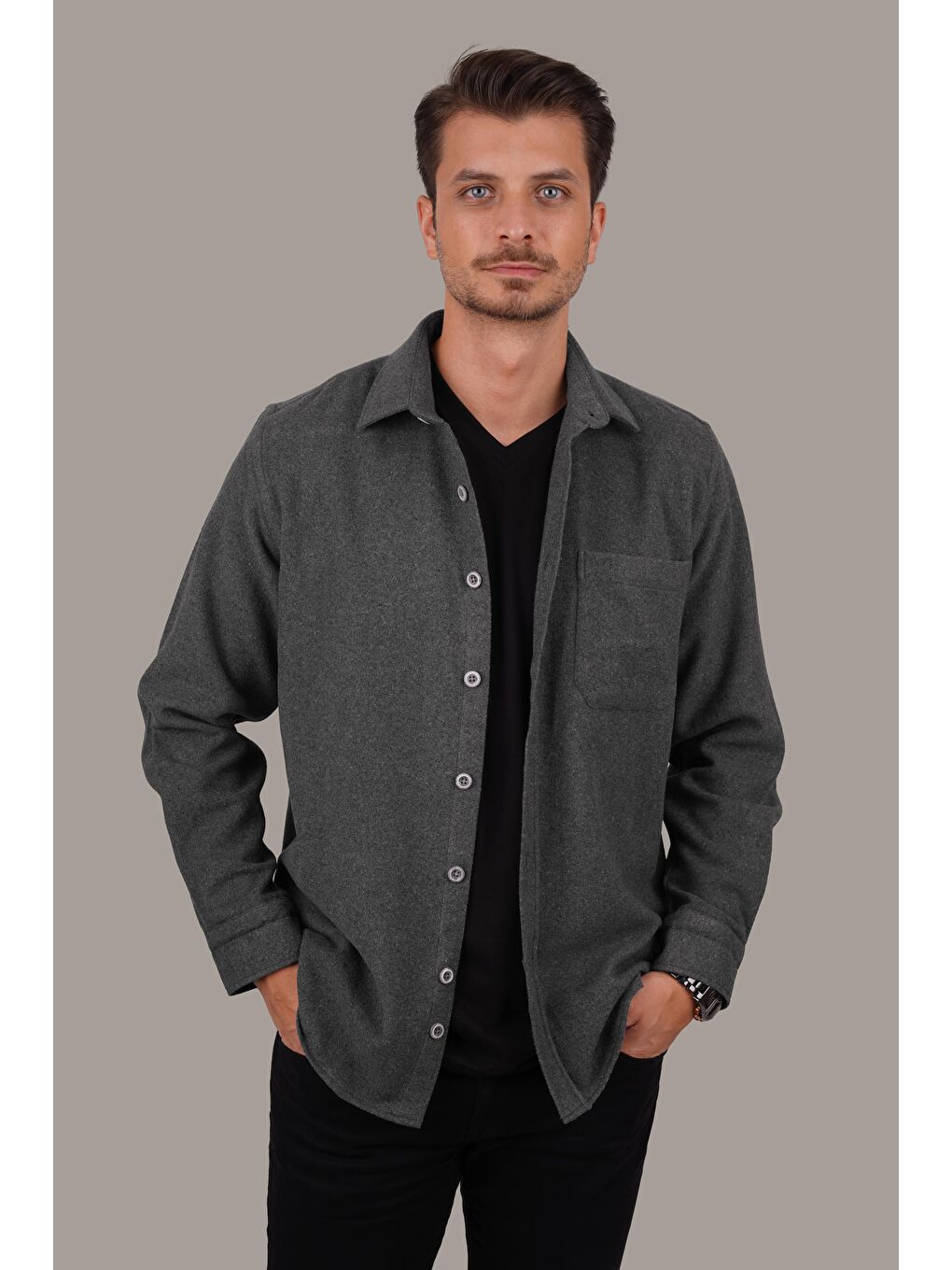Gri Füme Düz Oversize (Geniş Kalıp) Kalın %100 Pamuk Erkek Oduncu Gömlek-4