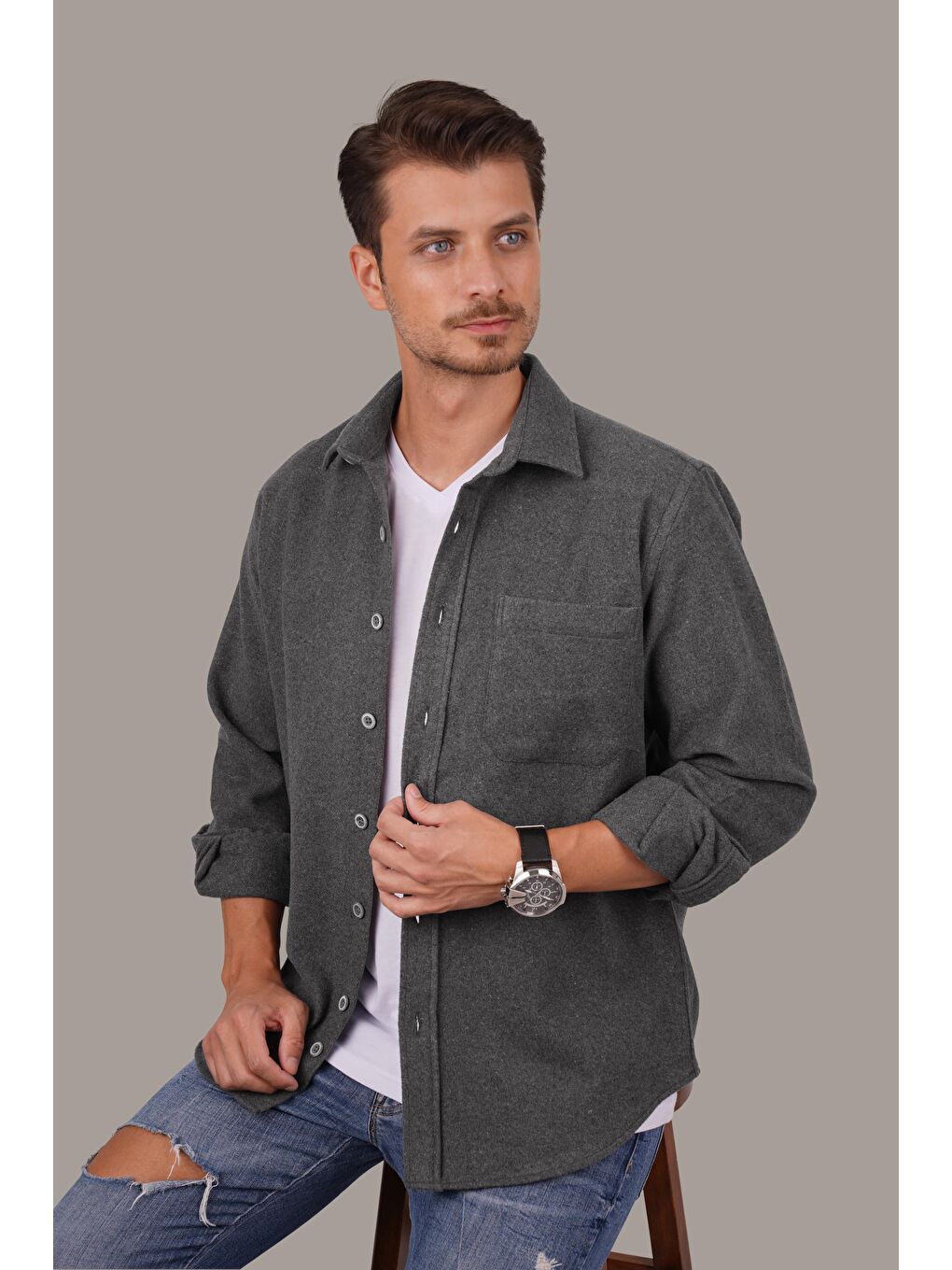 Gri Füme Düz Oversize (Geniş Kalıp) Kalın %100 Pamuk Erkek Oduncu Gömlek-1