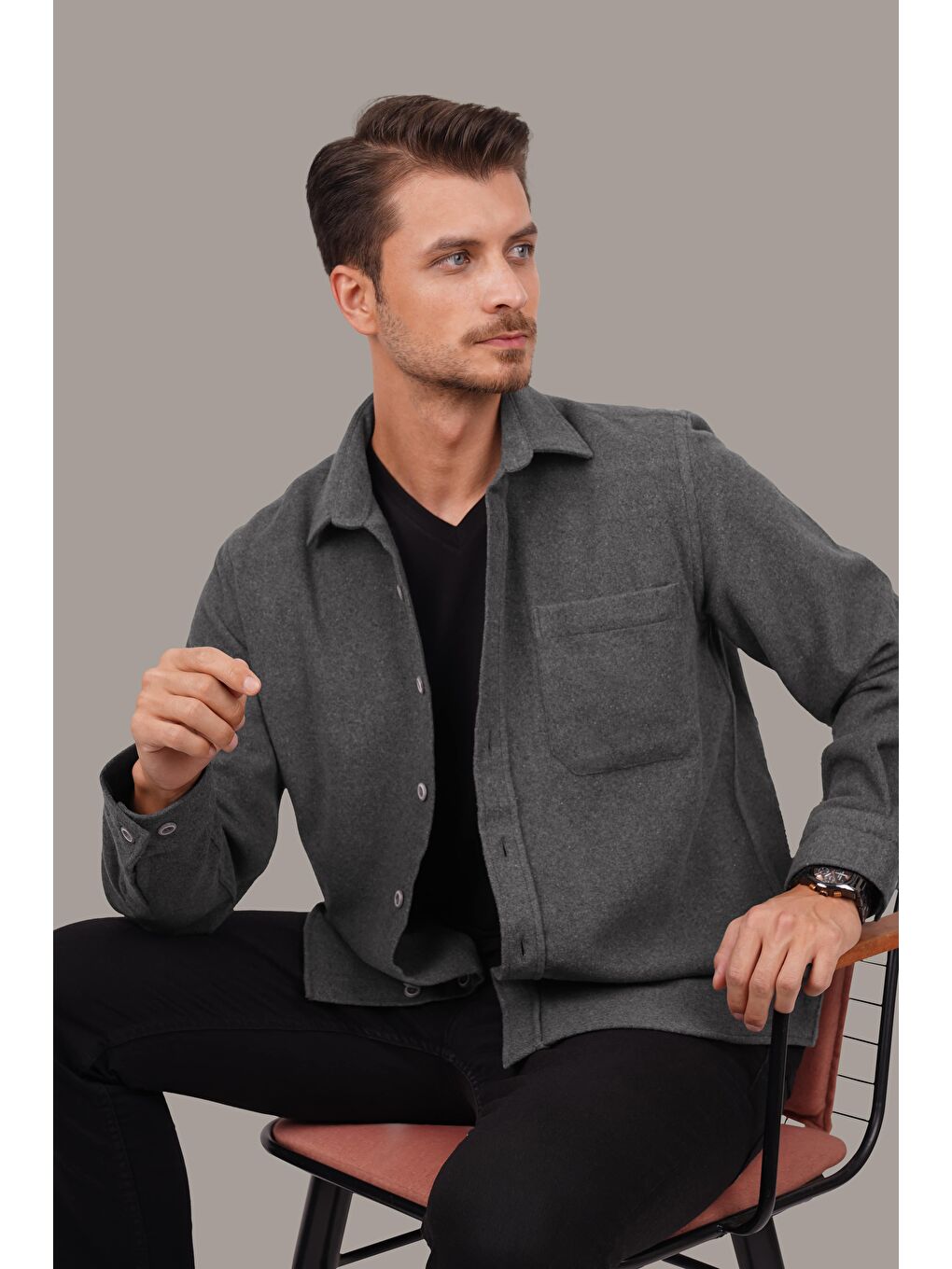 Gri Füme Düz Oversize (Geniş Kalıp) Kalın %100 Pamuk Erkek Oduncu Gömlek-2