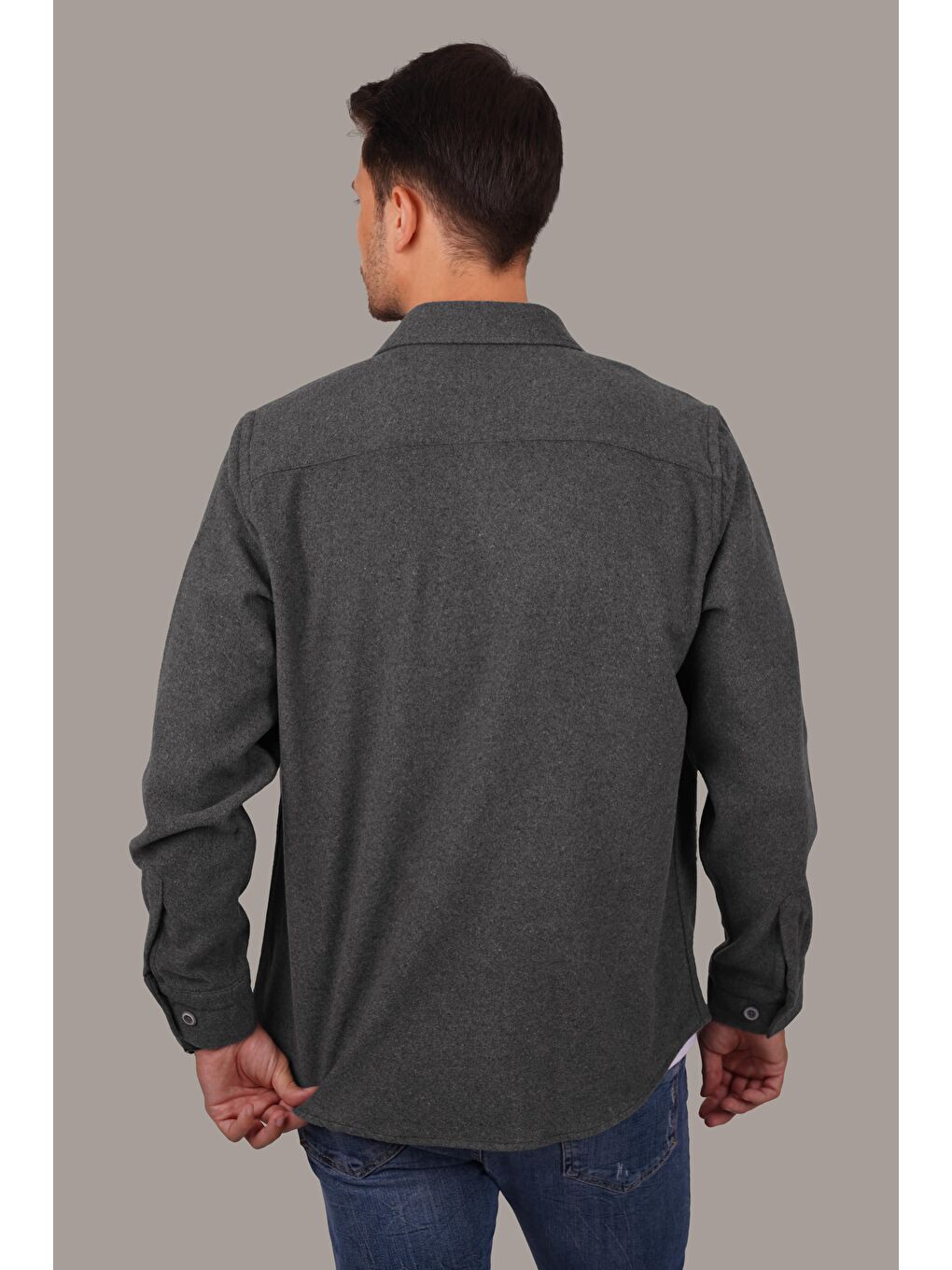 Gri Füme Düz Oversize (Geniş Kalıp) Kalın %100 Pamuk Erkek Oduncu Gömlek-6
