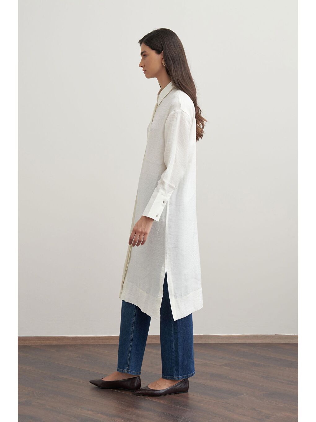Ekru-Taş Düğmeli Uzun Modal Gömlek-1