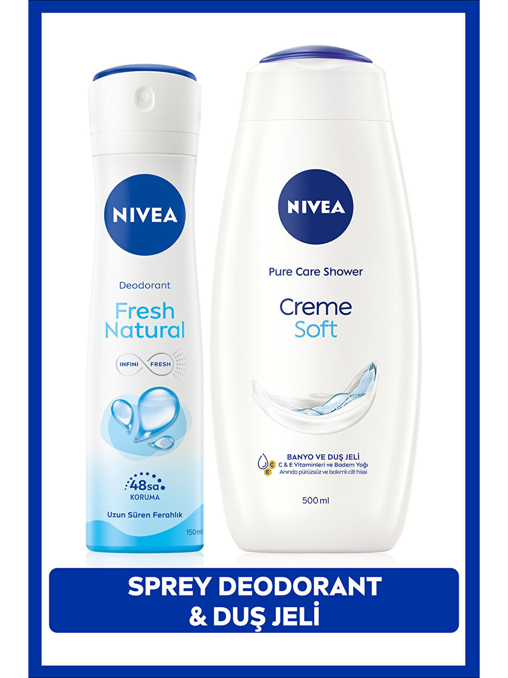 NIVEA Creme Soft Banyo ve Duş Jeli 500ml ve Kadın Sprey Deodorant Fresh Natural 150ml, 48 Saat Ter Karşıtı