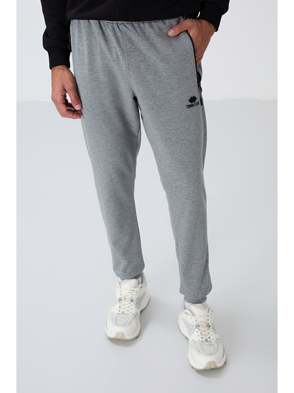 Gri Melanj Fermuar Cepli Standart Kalıp Erkek Jogger Eşofman Altı- 84651-1