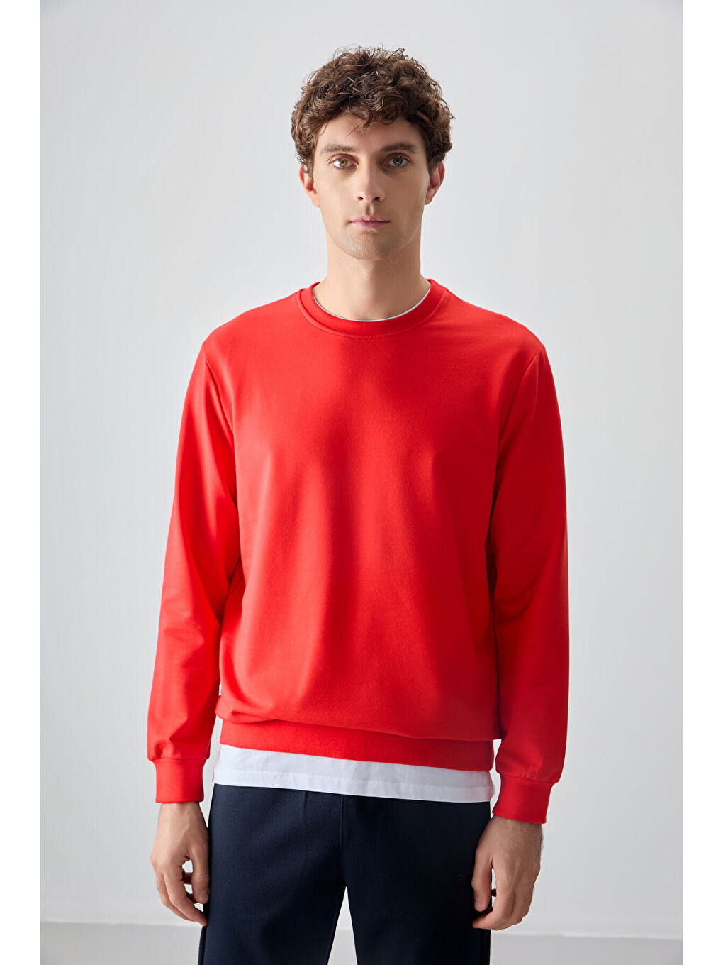 Kırmızı Pamuk Dokulu Standart Fit Basic Erkek Sweatshirt-3