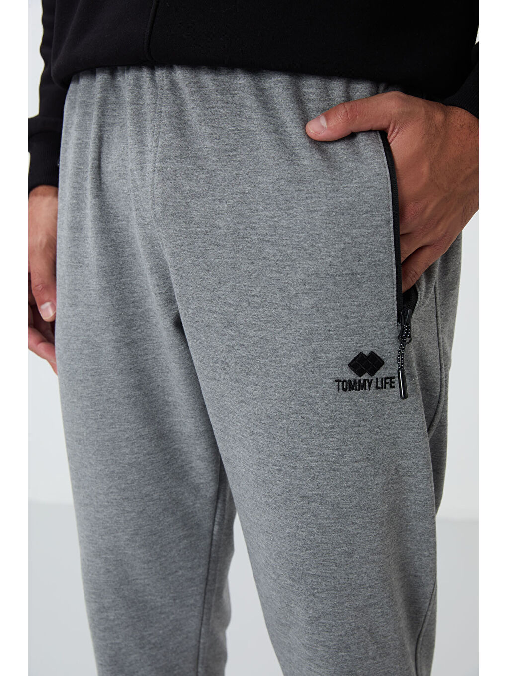Gri Melanj Fermuar Cepli Standart Kalıp Erkek Jogger Eşofman Altı- 84651-3