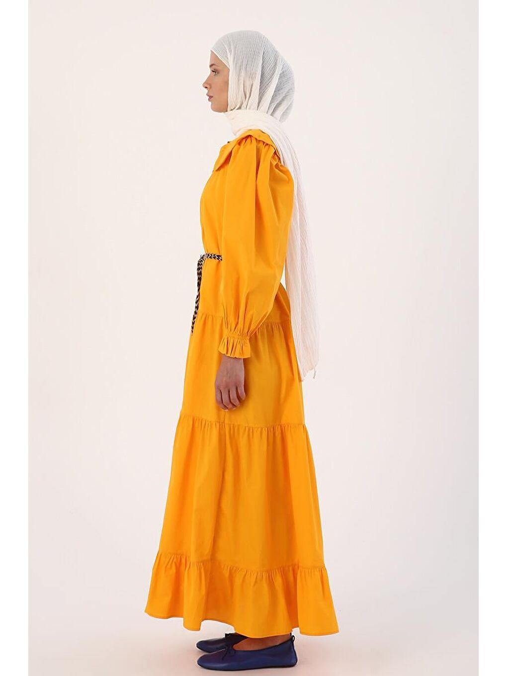 Koyu Sarı %100 Pamuk Bebe Yaka Fırfırlı Kemerli Elbise-2