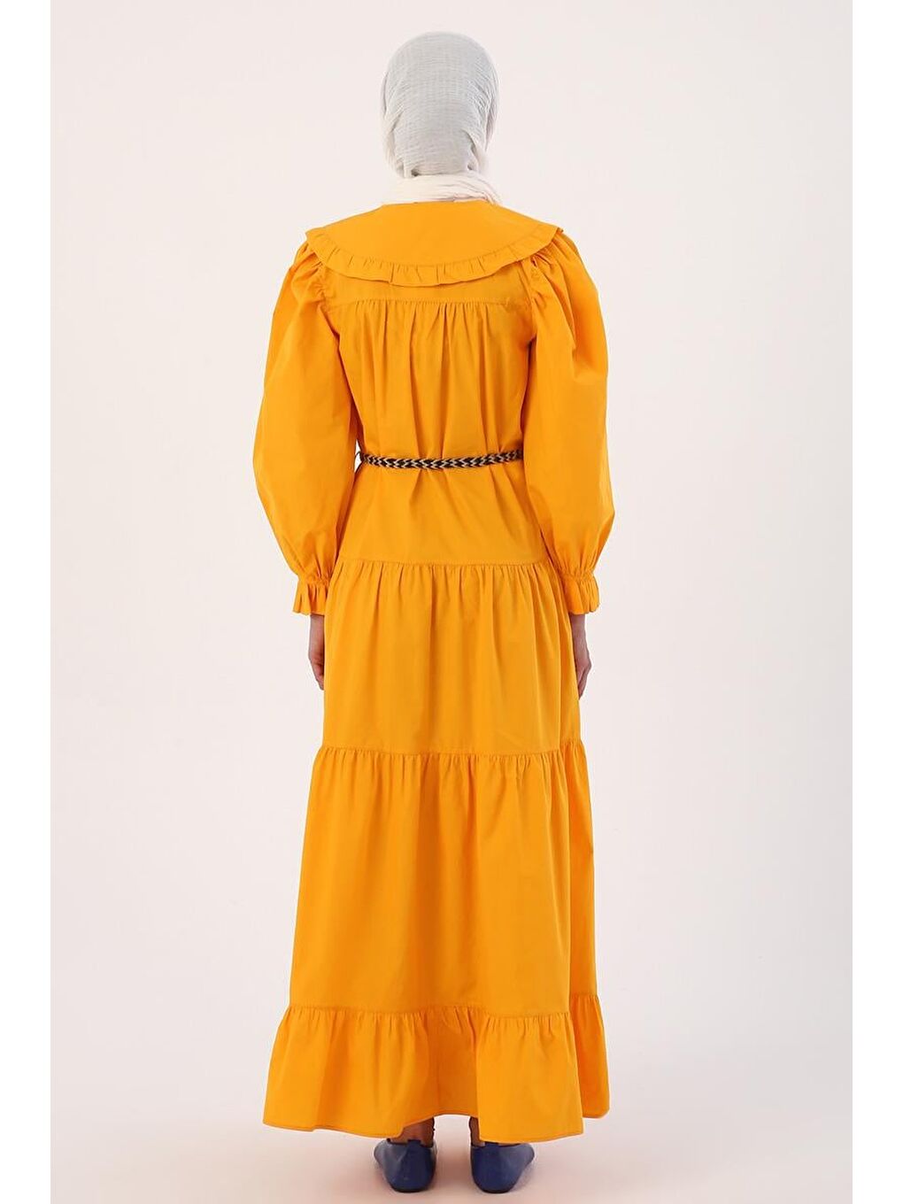 Koyu Sarı %100 Pamuk Bebe Yaka Fırfırlı Kemerli Elbise-3