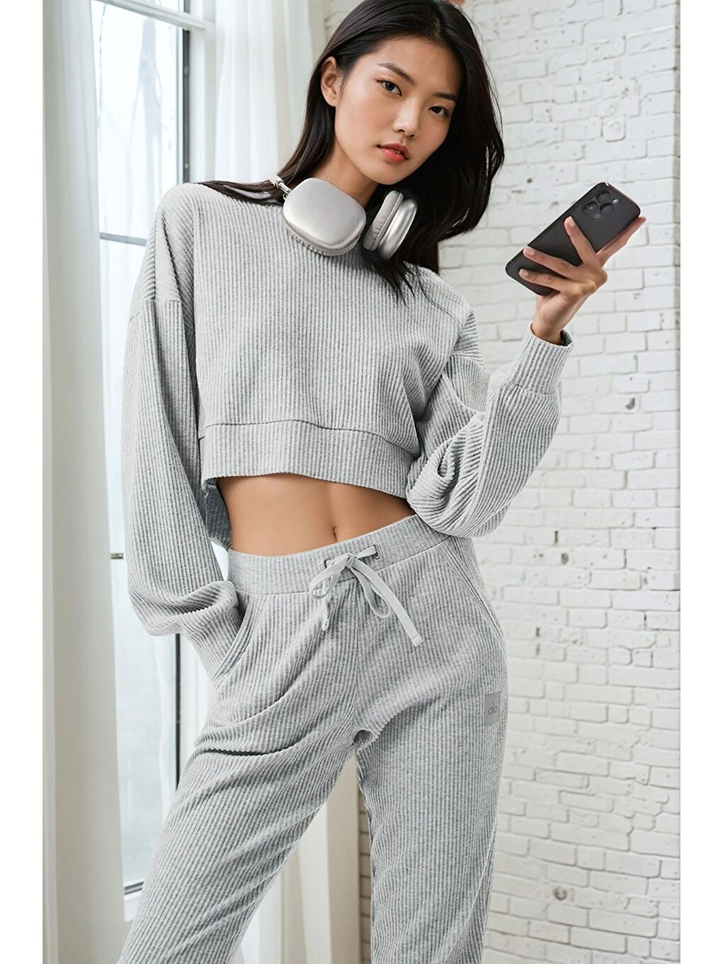 Gri Modal Kumaş Ribana Detay Eşofman Takımı