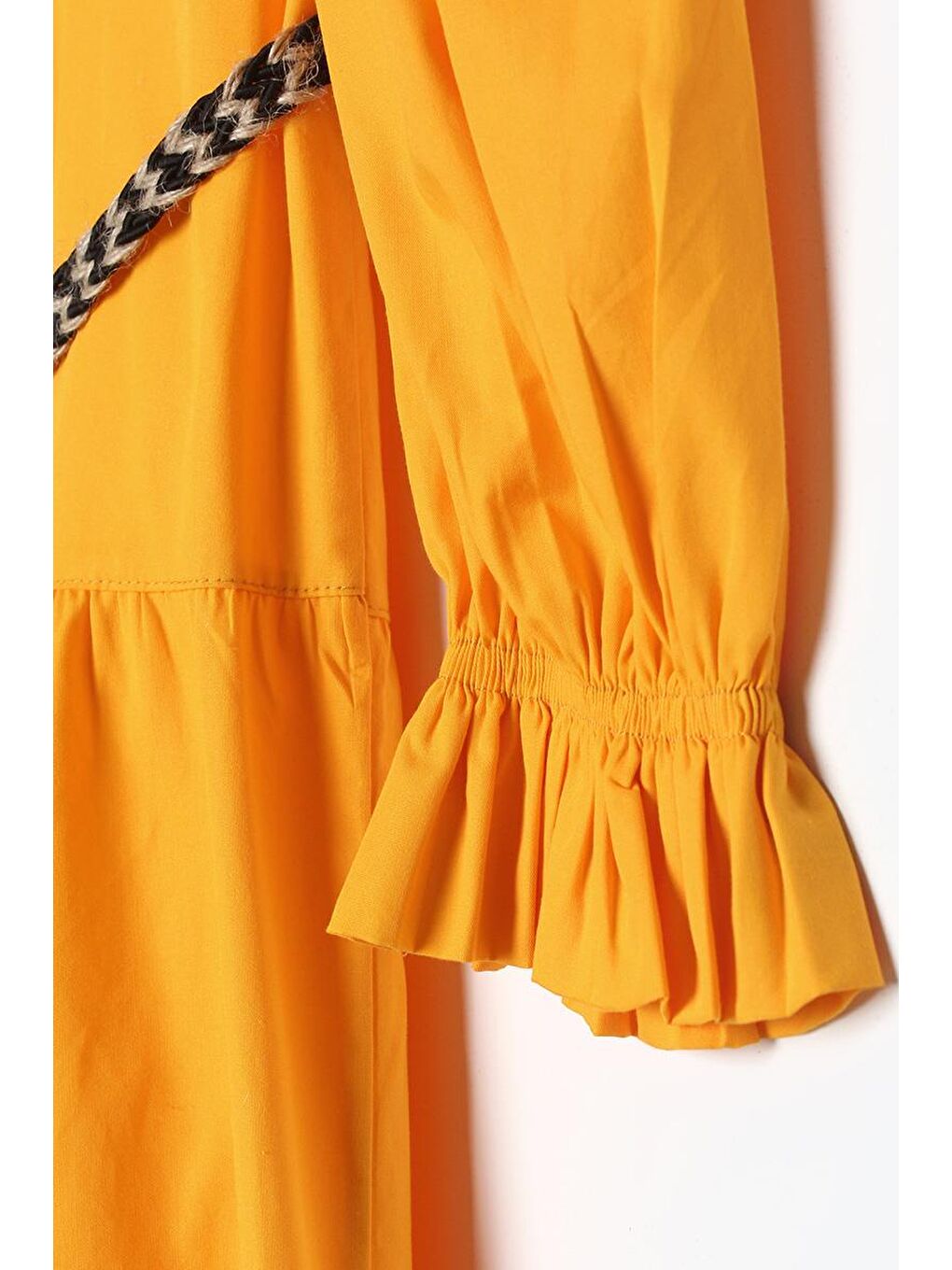 Koyu Sarı %100 Pamuk Bebe Yaka Fırfırlı Kemerli Elbise-4
