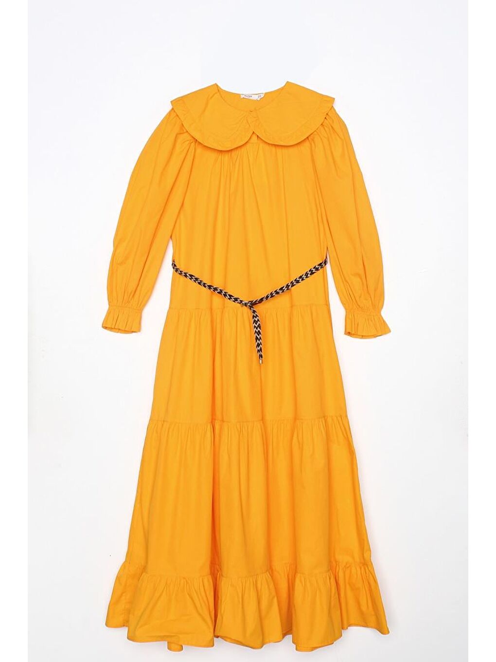 Koyu Sarı %100 Pamuk Bebe Yaka Fırfırlı Kemerli Elbise-5