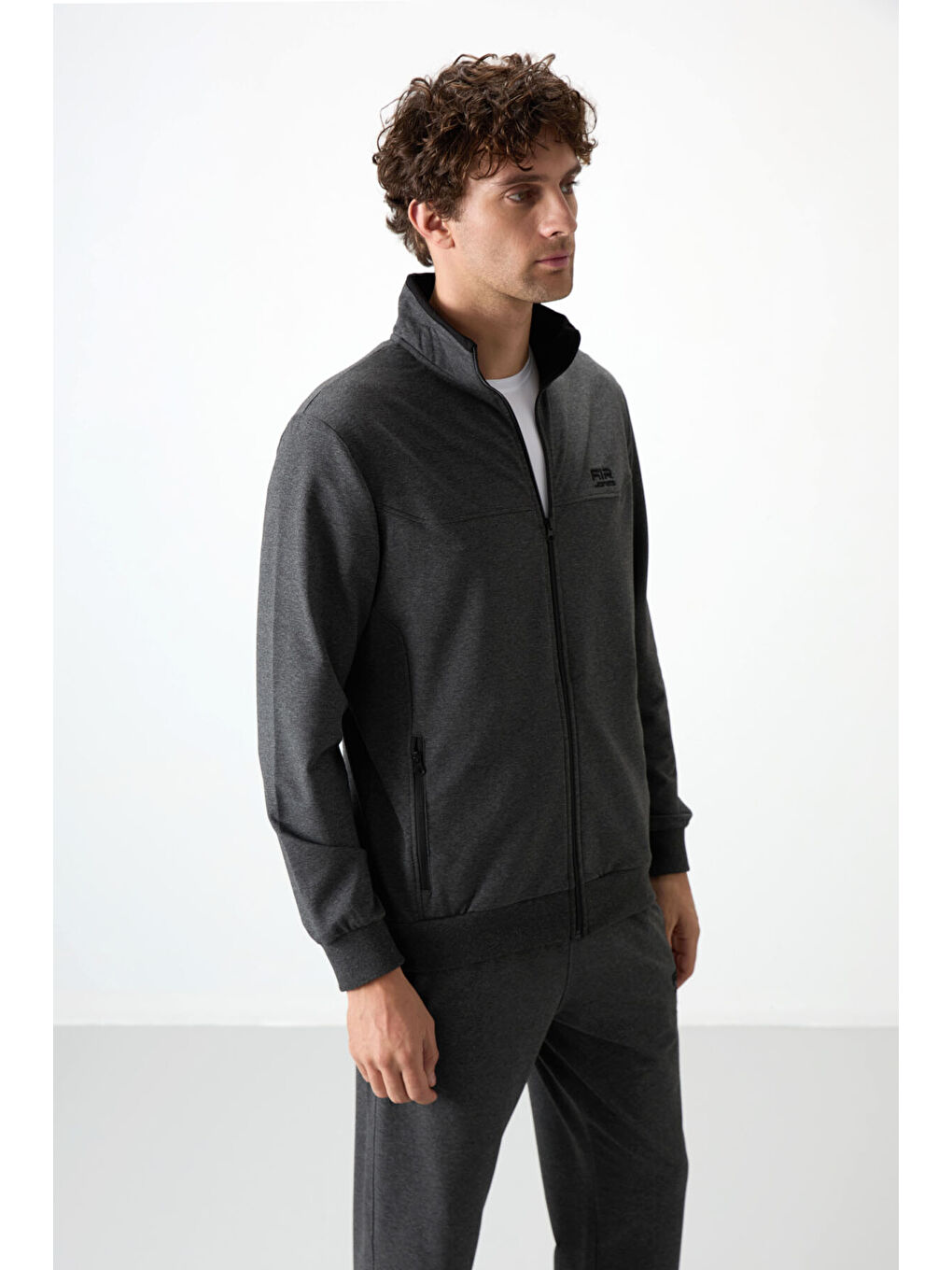 Troy Antrasit Melanj Dik Yaka Fermuarlı Standart Kalıp Erkek Eşofman Takım - 85196-1