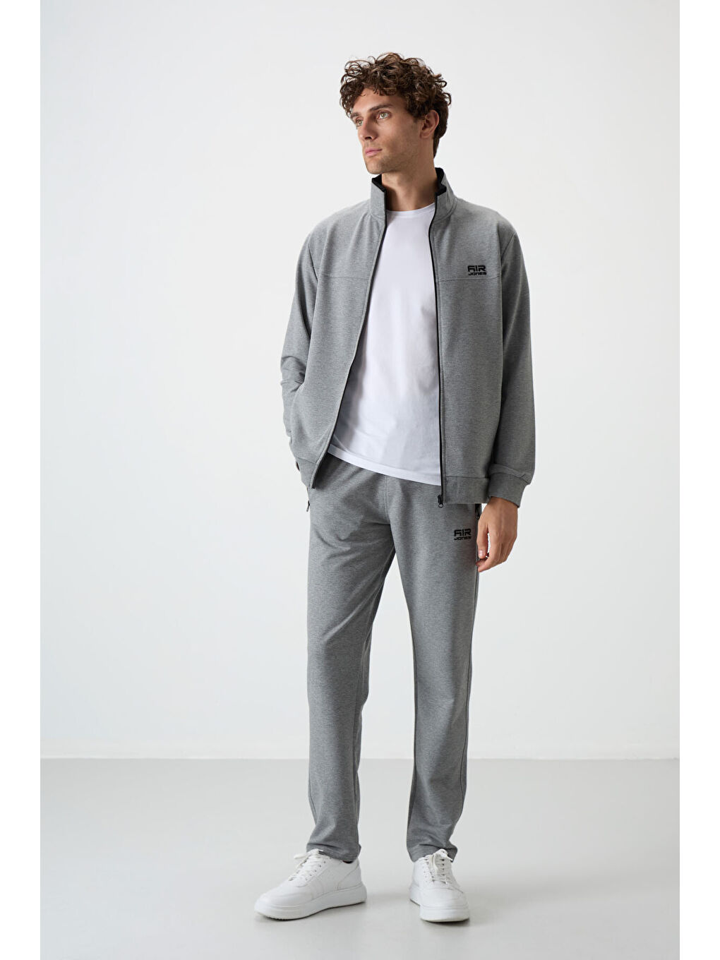 Troy Gri Melanj Dik Yaka Fermuarlı Standart Kalıp Erkek Eşofman Takım - 85196-1