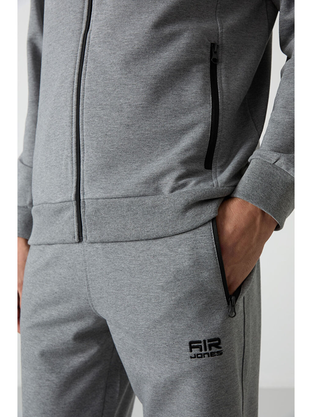 Troy Gri Melanj Dik Yaka Fermuarlı Standart Kalıp Erkek Eşofman Takım - 85196-2