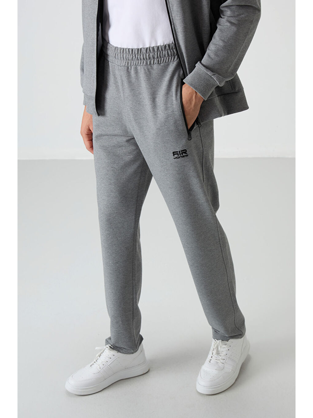 Troy Gri Melanj Dik Yaka Fermuarlı Standart Kalıp Erkek Eşofman Takım - 85196-3